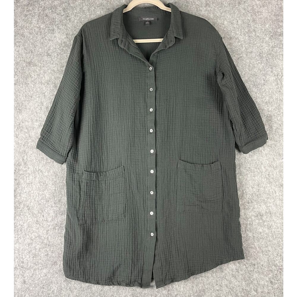 Grade Gather Tunic Shirt Dress Womens Small Gray Gauzy Pocket Coastal Minimalist
